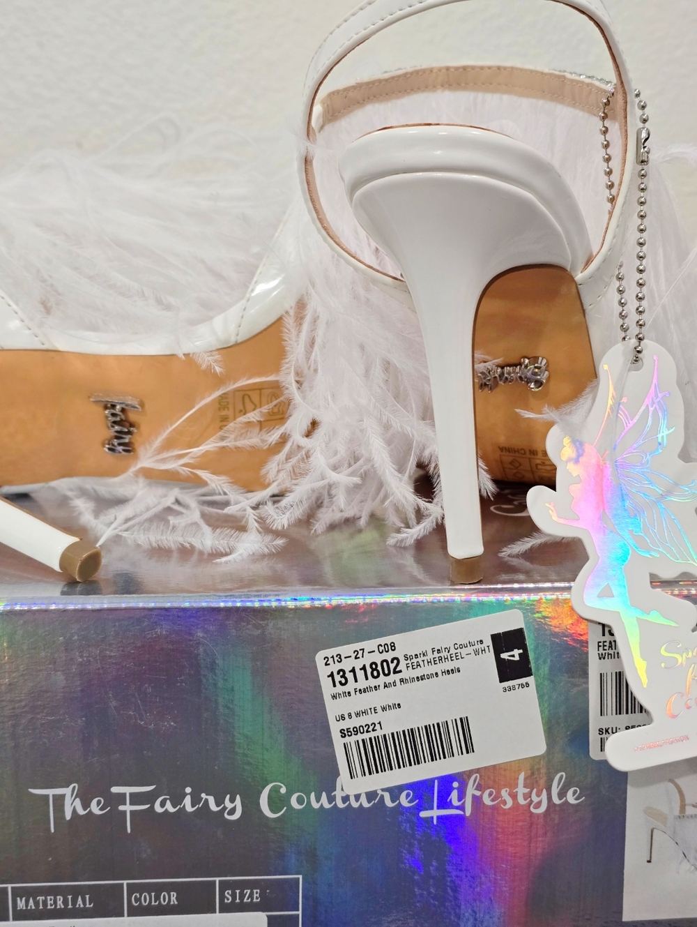 Sparkl Fairy Couture ✦ White Feather Rhinestone Pumps ✦ Vegan Bridal Embellished - Picture 12 of 16